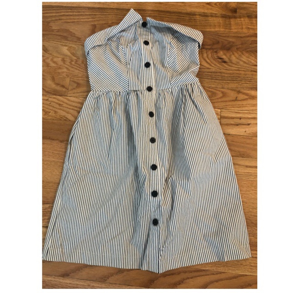Cream and black striped strapless dress